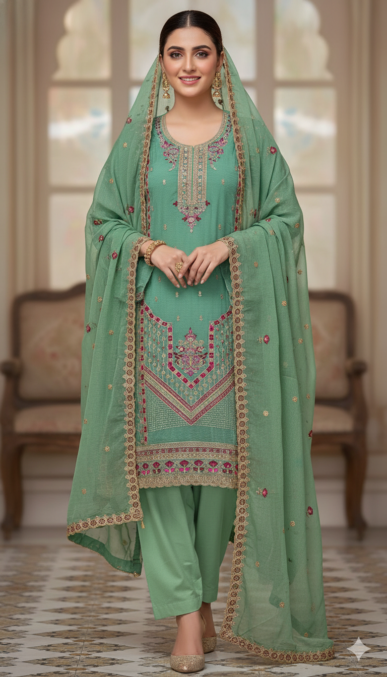 হোয়াইট গোল্ড স্টার জর্জেট প্রিমিয়াম ফোর পিস(সেলাই বিহীন )