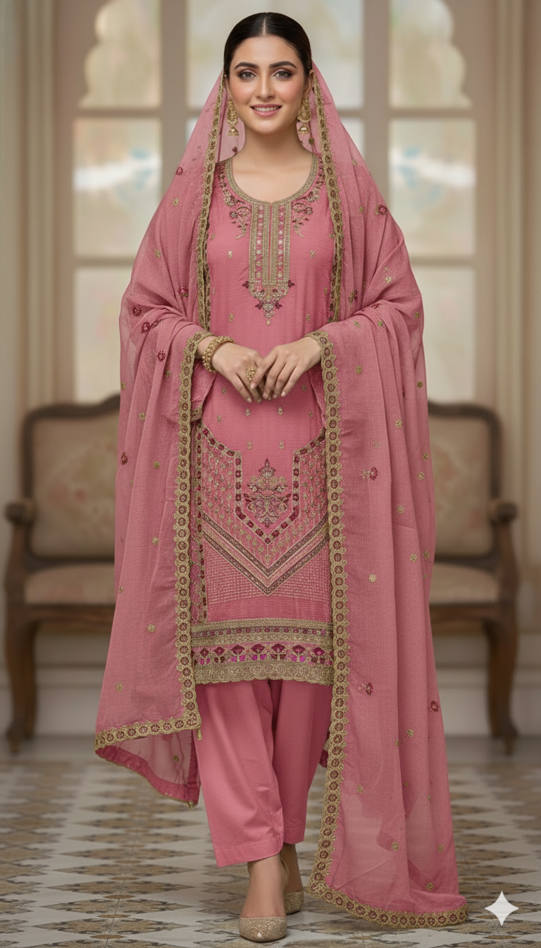 হোয়াইট গোল্ড স্টার জর্জেট প্রিমিয়াম ফোর পিস(সেলাই বিহীন )