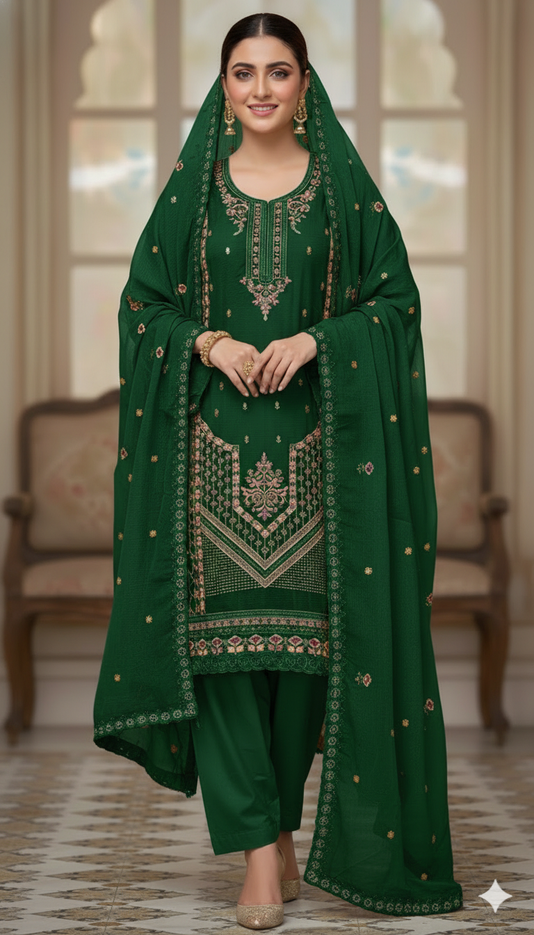 হোয়াইট গোল্ড স্টার জর্জেট প্রিমিয়াম ফোর পিস(সেলাই বিহীন )