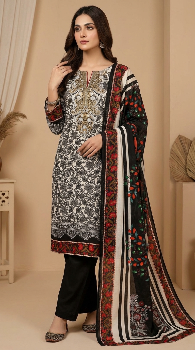 জমজম সুইস লোন প্রিমিয়াম থ্রি পিস(সেলাই বিহীন)