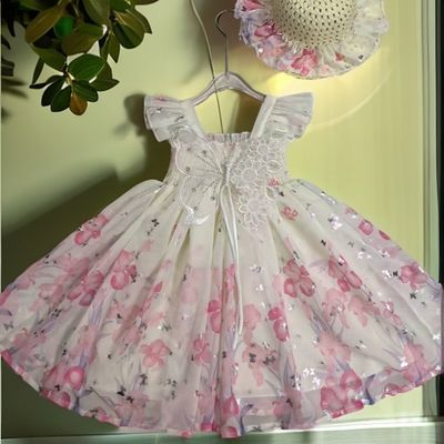 Kids Girls Butterfly Floral Princess Eid Dress with Matching Hat (1 to 7 years)_img_1