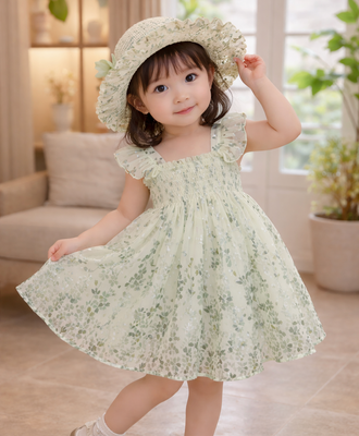 Kids Girls Butterfly Floral Princess Eid Dress with Matching Hat (1 to 7 years)_img_2