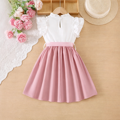 Kids Girls Pink & White Flutter Sleeve Blush Bow Twirl Party Dress (3 to 8 years)_img_2