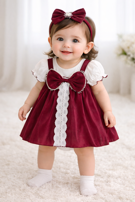 Baby Girl Elegant Lace Red Wine Bow Party Romper Dress (0 to 2 years)_img_1