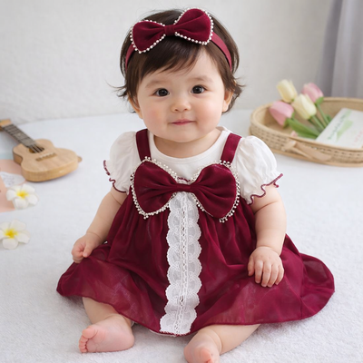 Baby Girl Elegant Lace Red Wine Bow Party Romper Dress (0 to 2 years)_img_0