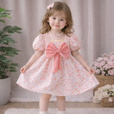 Baby Girls Floral Bow Princess Cute Puff Sleeve Party Dress (6 months to 6 years)_img_1