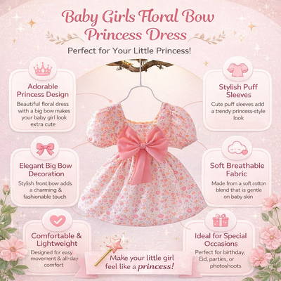 Baby Girls Floral Bow Princess Cute Puff Sleeve Party Dress (6 months to 6 years)_img_8