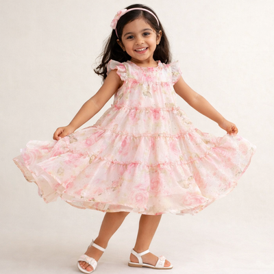 Kids Girls Floral Tiered Soft Chiffon Ruffle Sleeve Princess Dress (2 to 6 years)_img_1