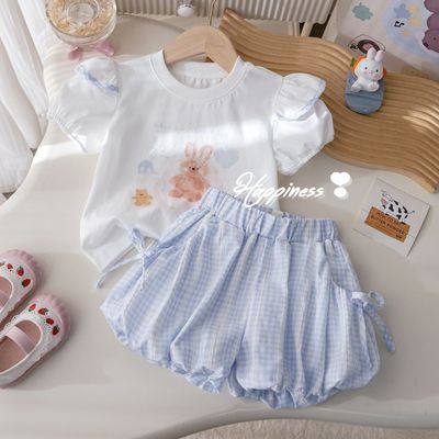 Baby Girl Bunny Print Top & Blue Check Shorts Set (1 to 6 years) for yours ANGEL_img_0