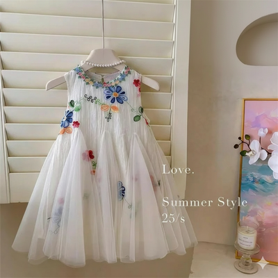 Kids Girls Floral Embroidered Summer Tulle Party Dress with Necklace (2 to 7 years)_img_3