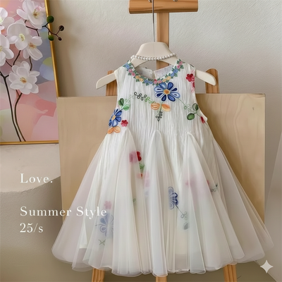 Kids Girls Floral Embroidered Summer Tulle Party Dress with Necklace (2 to 7 years)_img_1
