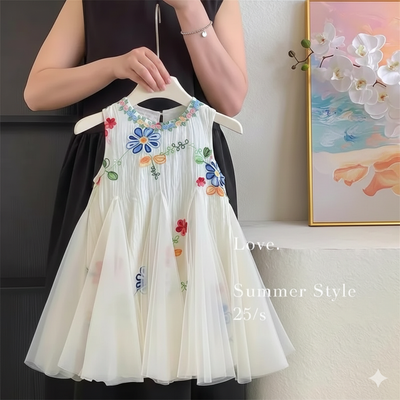 Kids Girls Floral Embroidered Summer Tulle Party Dress with Necklace (2 to 7 years)_img_2