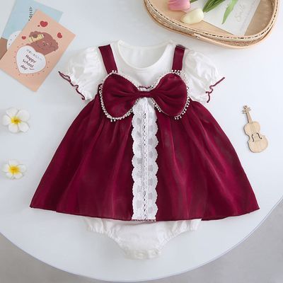 Baby Girl Elegant Lace Red Wine Bow Party Romper Dress (0 to 2 years)_img_2