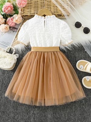 Kids Girls Princess White & Golden Tulle Party Dress (3 to 8 years)_img_2