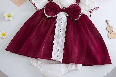 Baby Girl Elegant Lace Red Wine Bow Party Romper Dress (0 to 2 years)_img_7