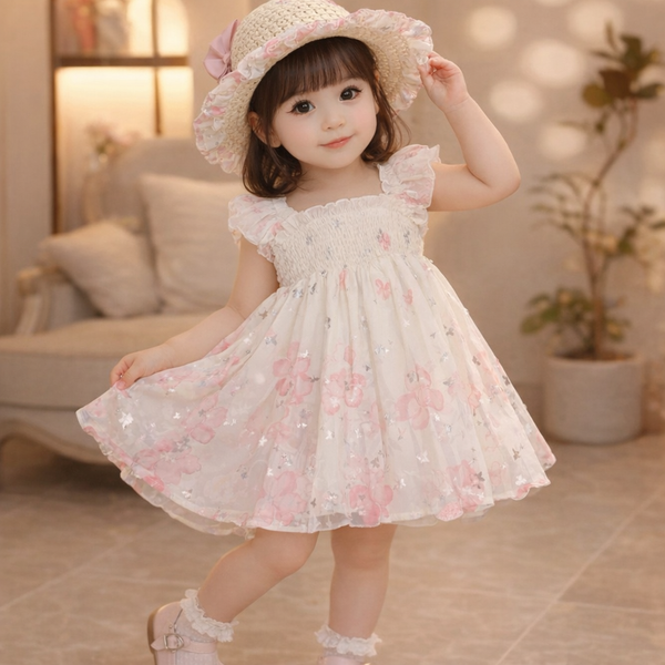 Kids Girls Butterfly Floral Princess Eid Dress with Matching Hat (1 to 7 years)
