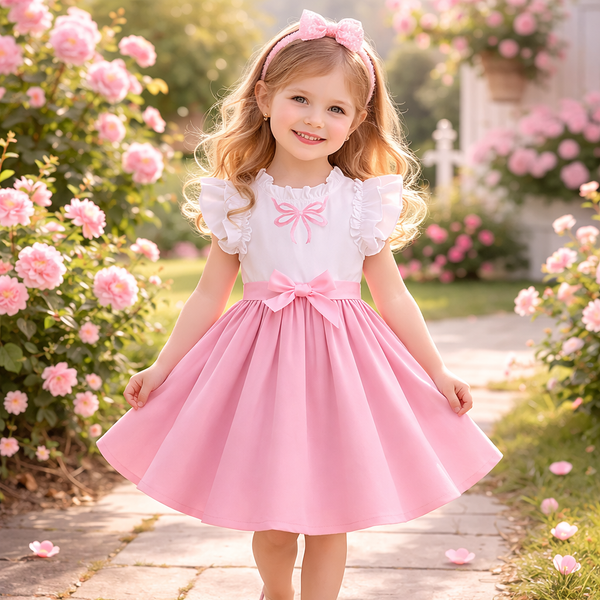 Kids Girls Pink & White Flutter Sleeve Blush Bow Twirl Party Dress (3 to 8 years)