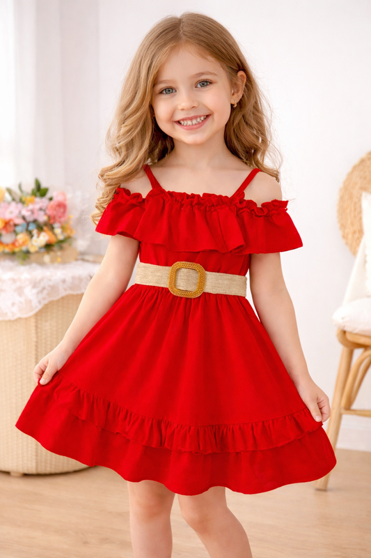 Kids Girls Red Ruffle Party Dress with Belt (3 to 8 years)