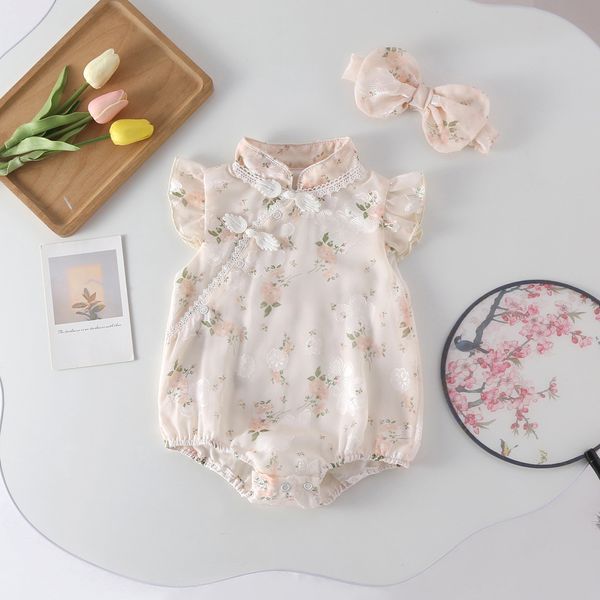 Baby Girls Floral Cheongsam Soft Elegant Romper Set with Headband (0 to 2 years)