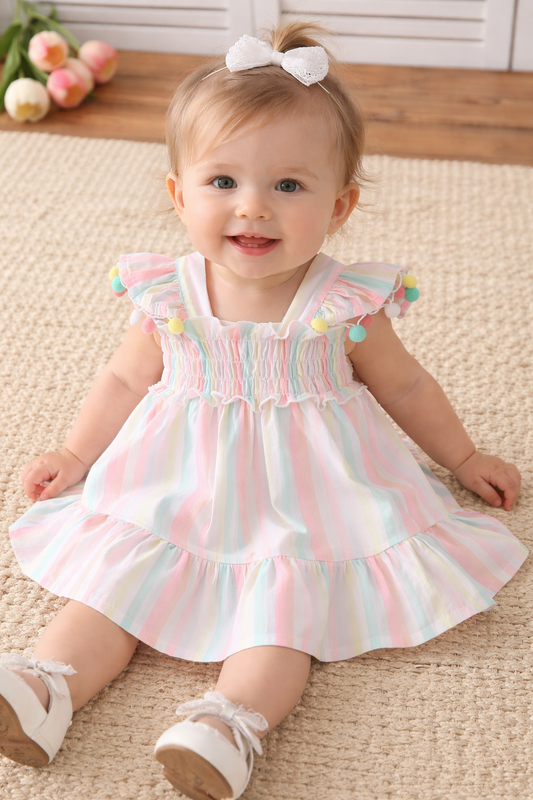 Baby Girls Pom Pom Sleeves Rainbow Summer Dress (0 to 3 years)