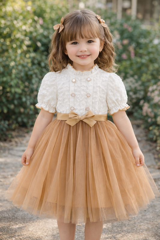 Kids Girls Princess White & Golden Tulle Party Dress (3 to 8 years)