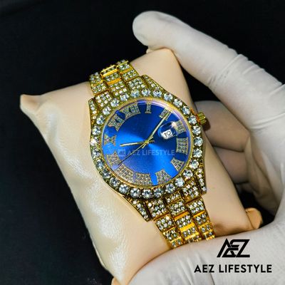 Full Iced Hip Hop Golden Watch Blue Dial_img_0