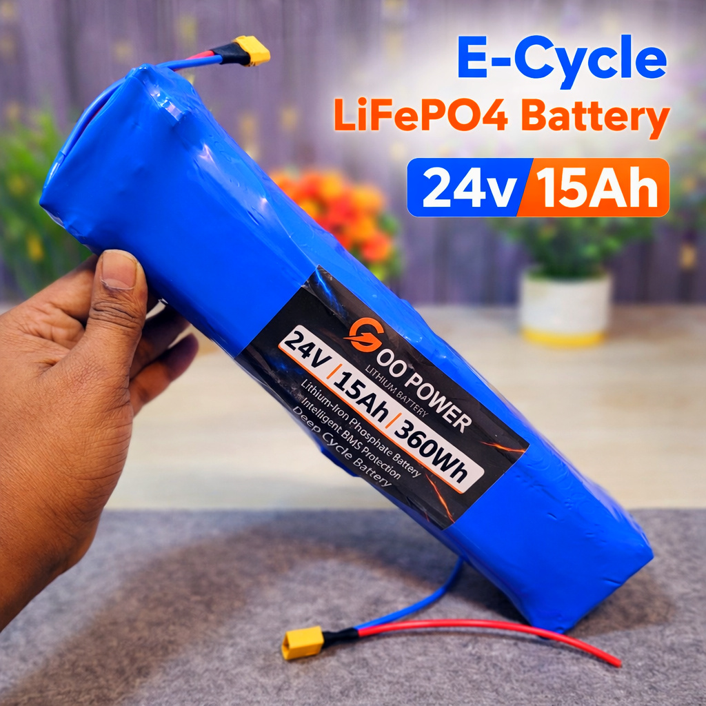 E-Cycle Battery 24V 15Ah LiFePO4 Battery Pack 32140 Cell 8S 30A BMS XT60