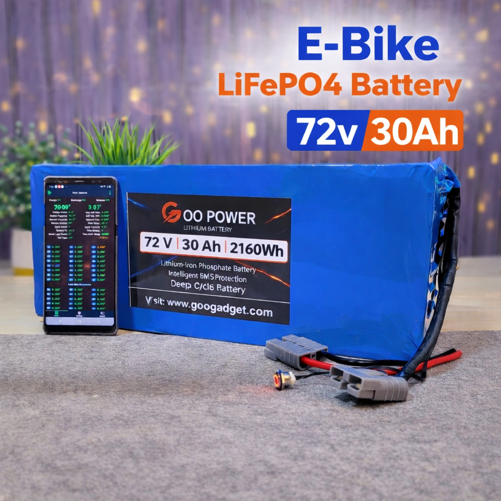 72V 30Ah LiFePO4 E-Bike Battery Pack with JK 100A Smart BMS and Active Balancing (32140 Cells)