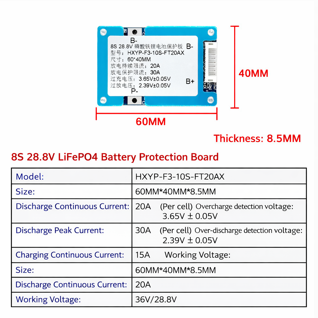 8S 24V LiFePO4 BMS 20A Battery Protection Board HXYP-F3-10S-FT20AX