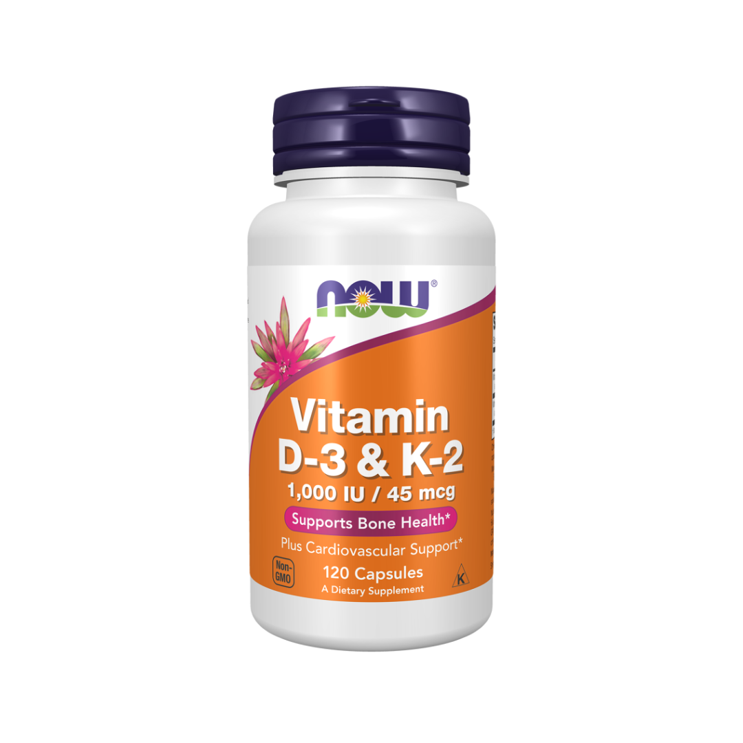 NOW Vitamin D-3 & K-2, 1000 IU/45 MCG, 120 veg Capsules - Made in USA