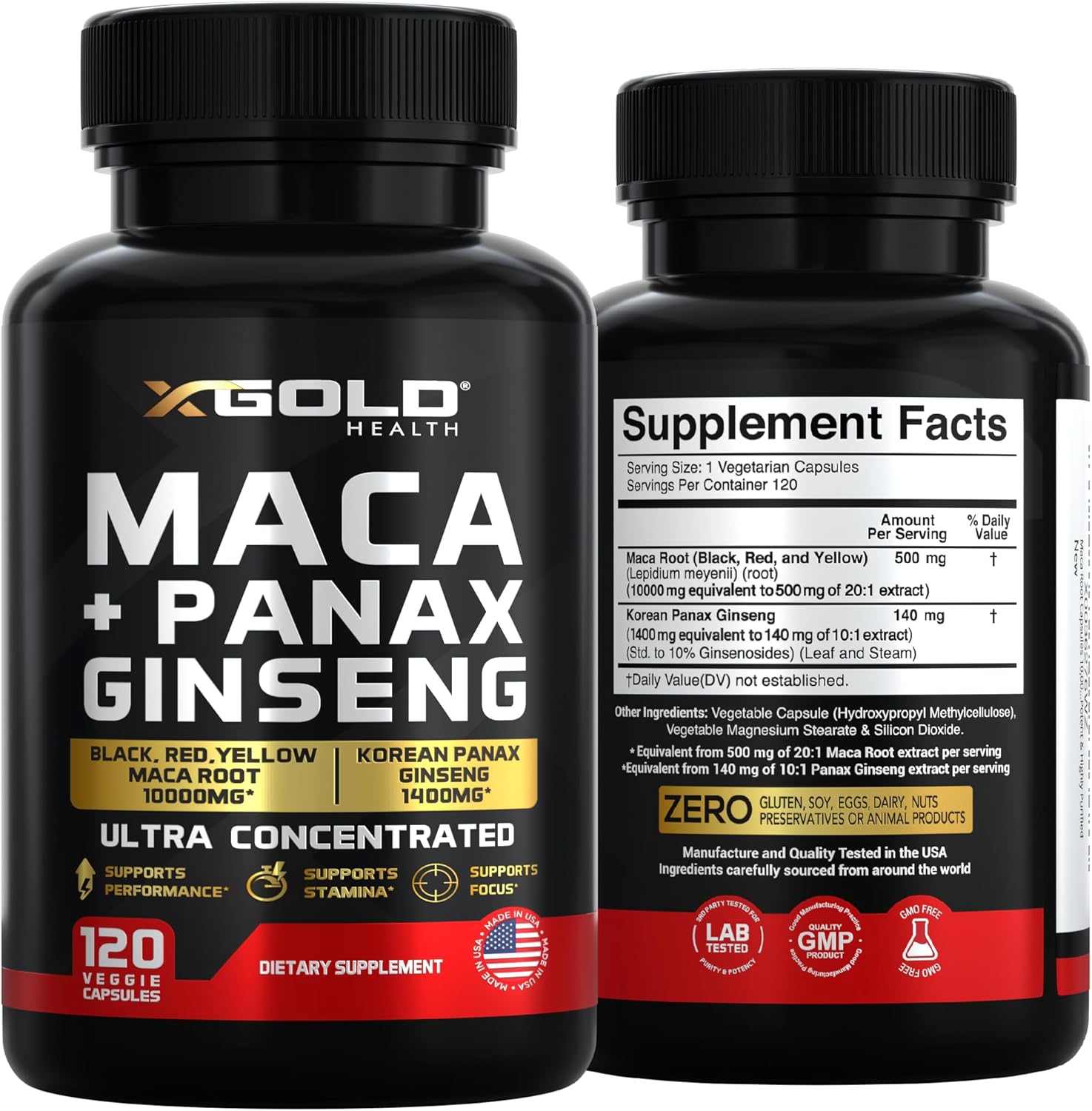 X Gold Health Maca 10,000mg + Korean Panax Ginseng 1400mg – 120 Capsules - Made in USA_img_2