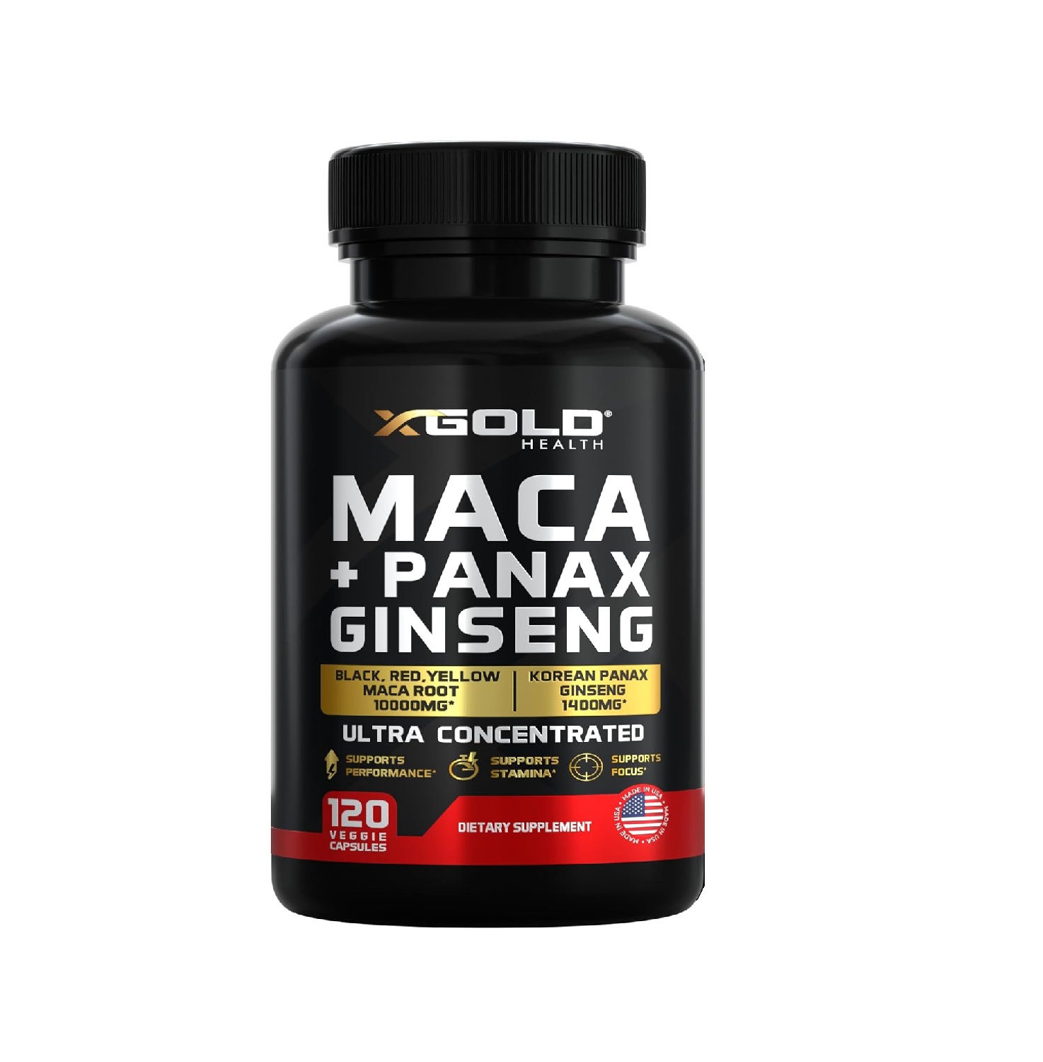 X Gold Health Maca 10,000mg + Korean Panax Ginseng 1400mg – 120 Capsules - Made in USA