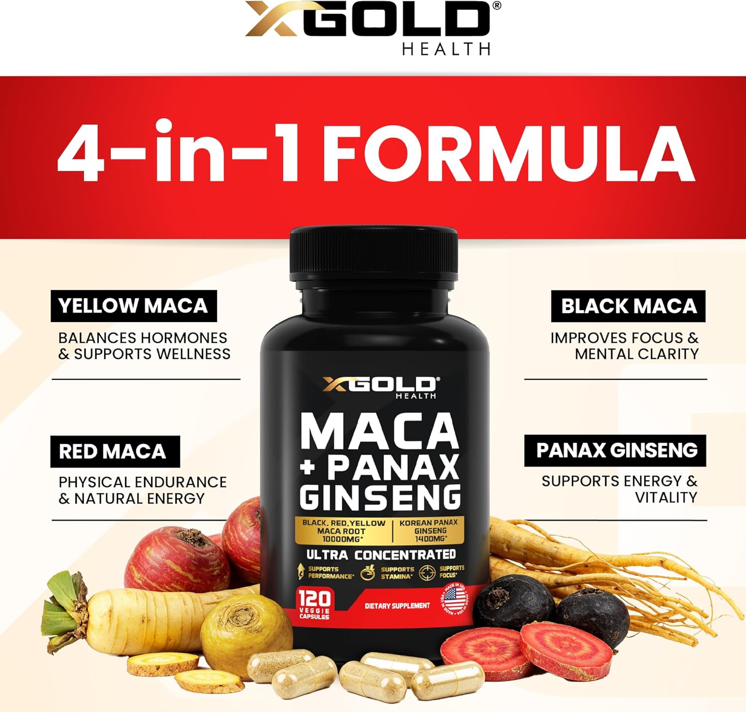 X Gold Health Maca 10,000mg + Korean Panax Ginseng 1400mg – 120 Capsules - Made in USA_img_3