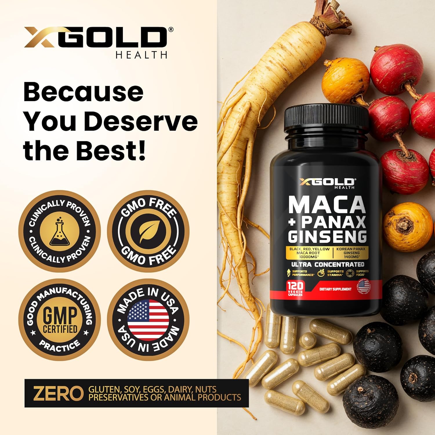 X Gold Health Maca 10,000mg + Korean Panax Ginseng 1400mg – 120 Capsules - Made in USA_img_4