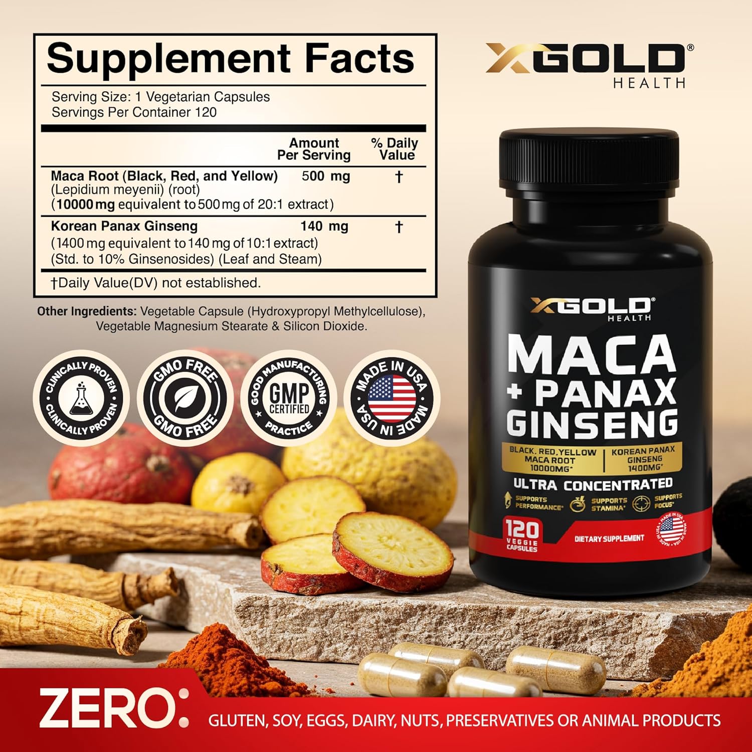 X Gold Health Maca 10,000mg + Korean Panax Ginseng 1400mg – 120 Capsules - Made in USA_img_1