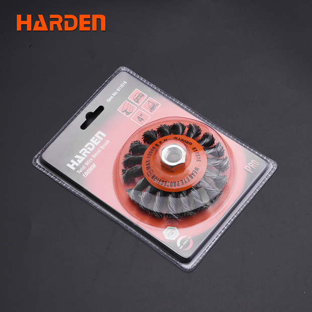 HARDEN 4" Wire Brush Twisted Knot Conical for 100mm grinder, Twist Wire Belvel Brush, Power Brush; Model: 611516_img_2