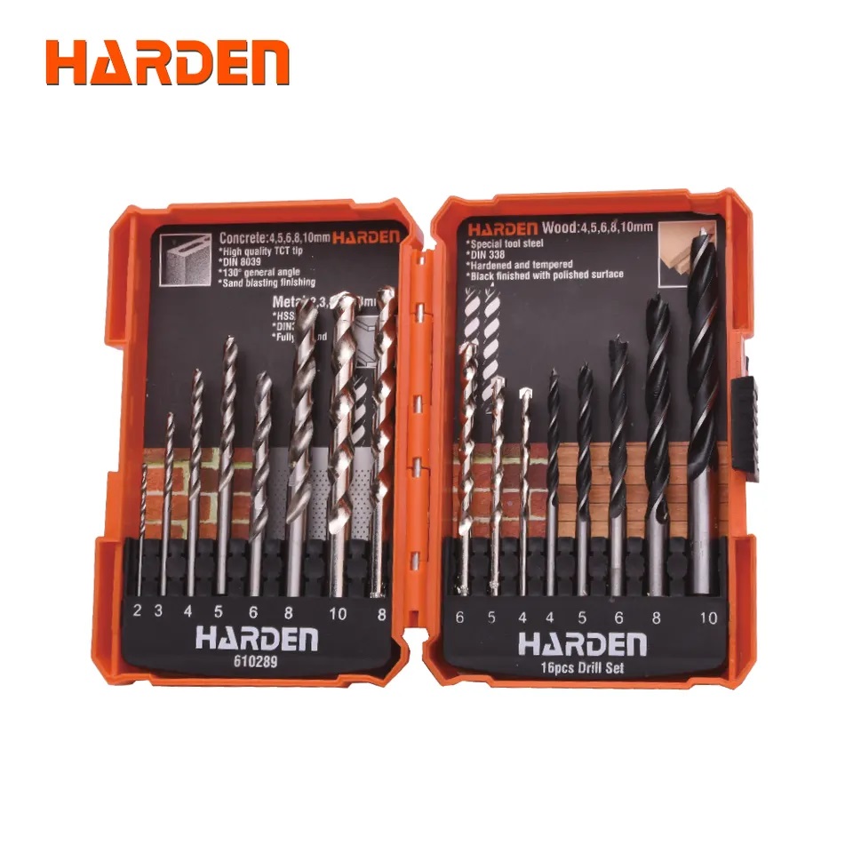 HARDEN 16 Pcs Multi-Material Drill Bit Set | HSS, Wood & Masonry Bits | For Metal, Wood, Concrete | Model: 610289