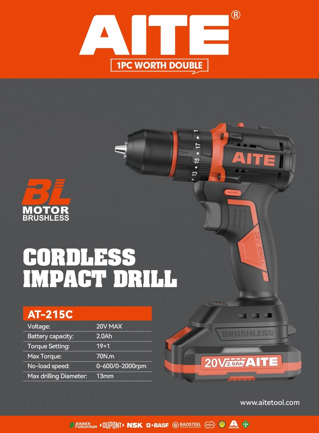 AITE AT210 20V Cordless Drill | 65Nm High Torque | 2.0Ah Battery & Charger Kit included | Model: AT210