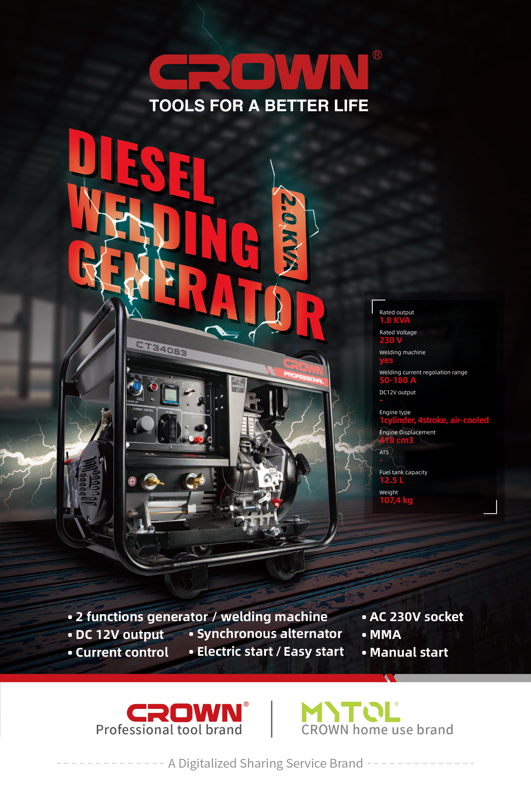 CROWN CT34083 Generator, Diesel Welding Generator 1.8 kVA, Welding current range: 50–180 A | CT34083_img_1