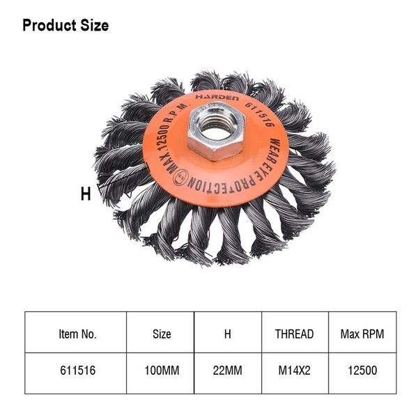HARDEN 4" Wire Brush Twisted Knot Conical for 100mm grinder, Twist Wire Belvel Brush, Power Brush; Model: 611516