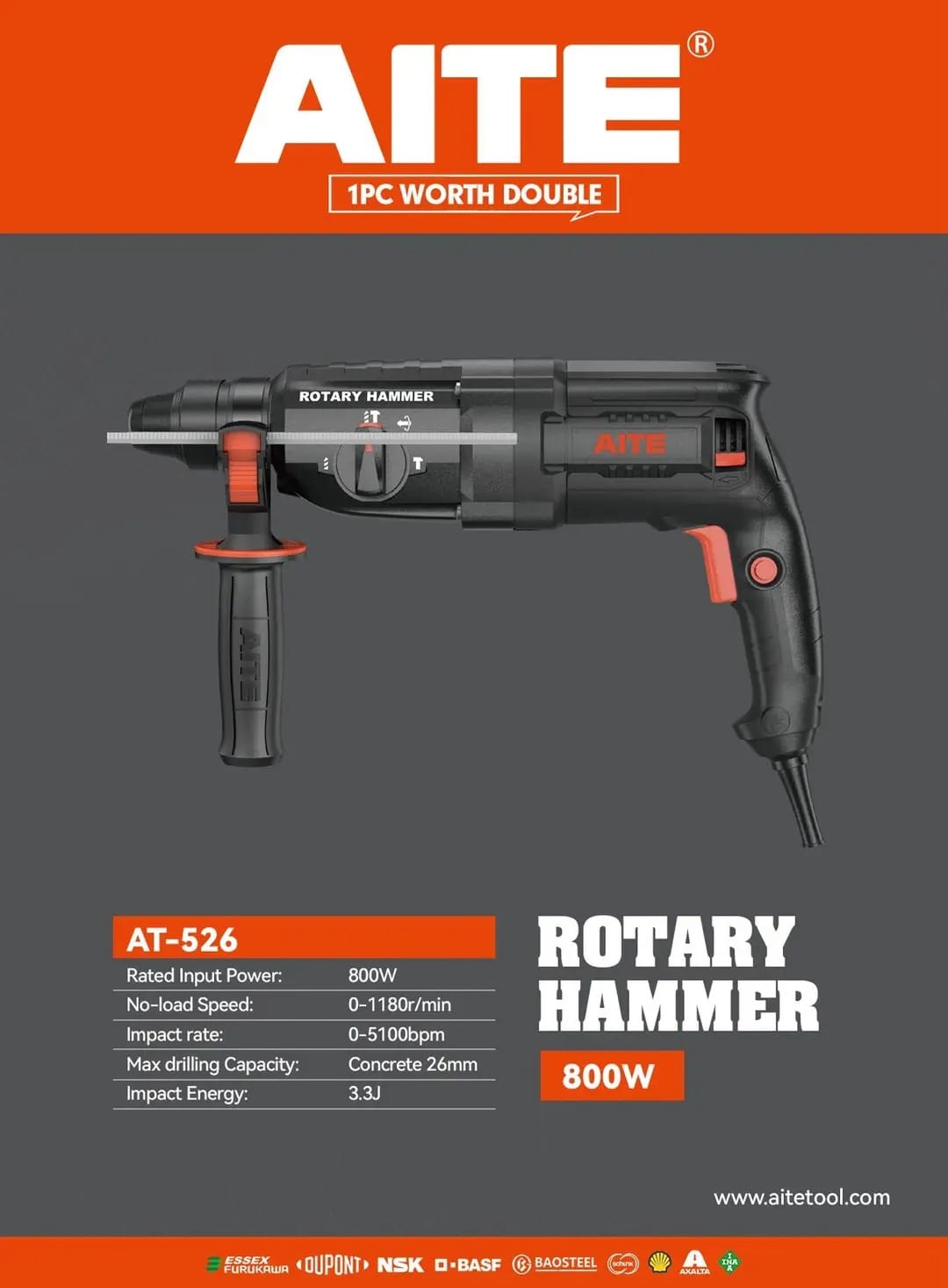 AITE 800w Rotary Hammer, 26mm, 3.3J, SDS-PLUS; Model: AT526