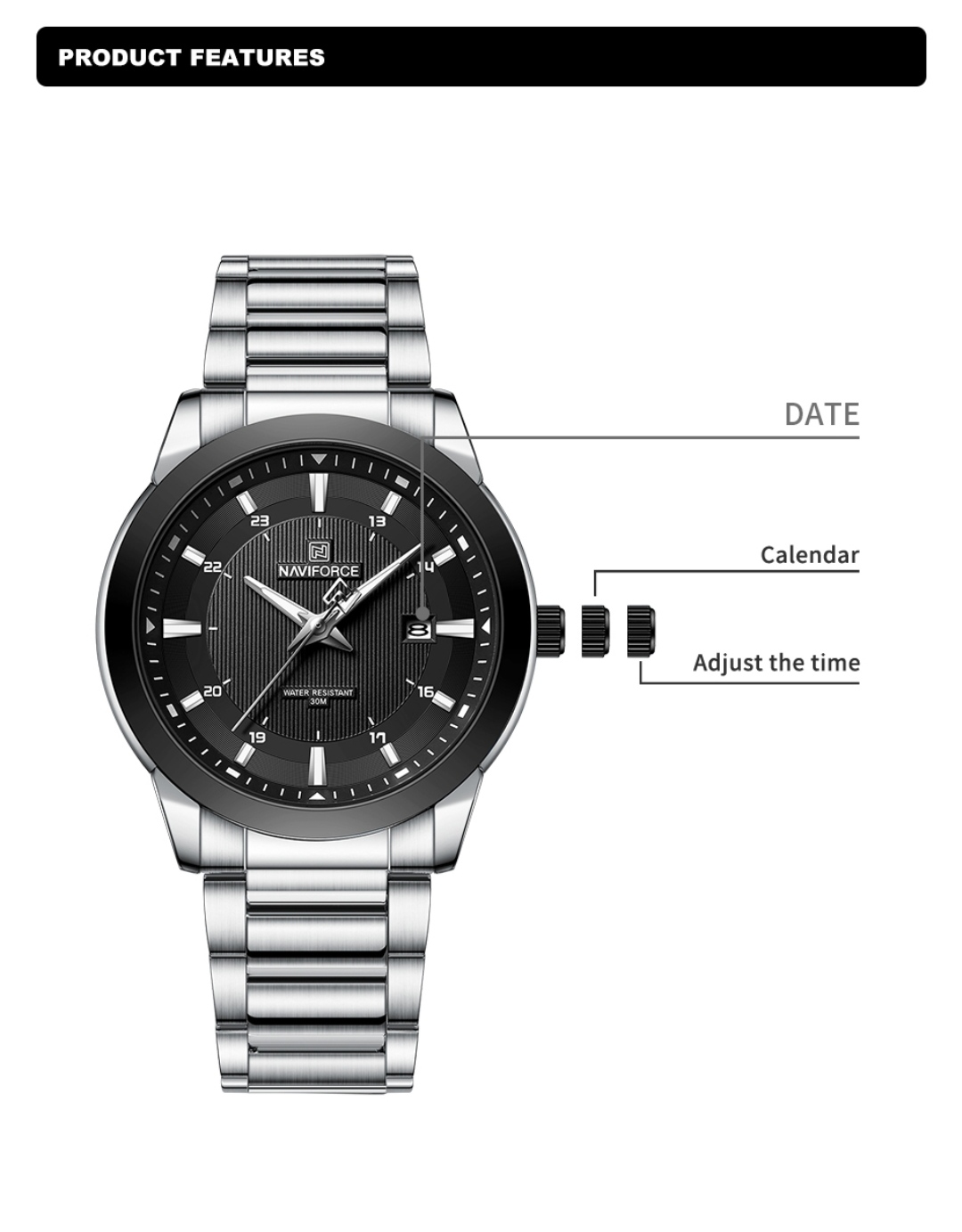 Naviforce 8029 Gents Chain Watch - Black Dial- Black Bezel- Silver Chain- TF Code NF812CM_img_2