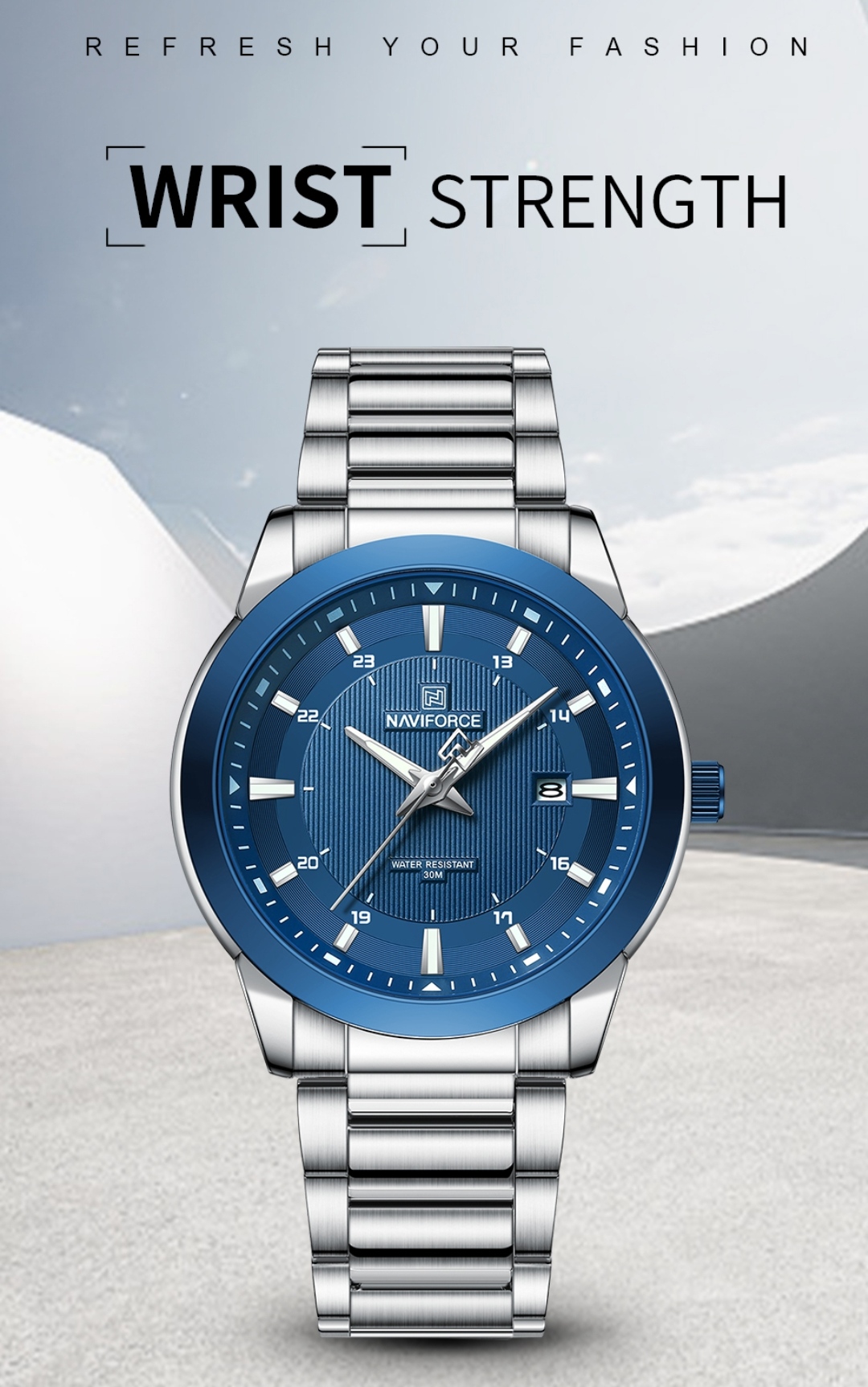 Naviforce 8029 Gents Chain Watch - Blue Dial- Blue Bezel- Silver Chain- TF Code NF813CM_img_1