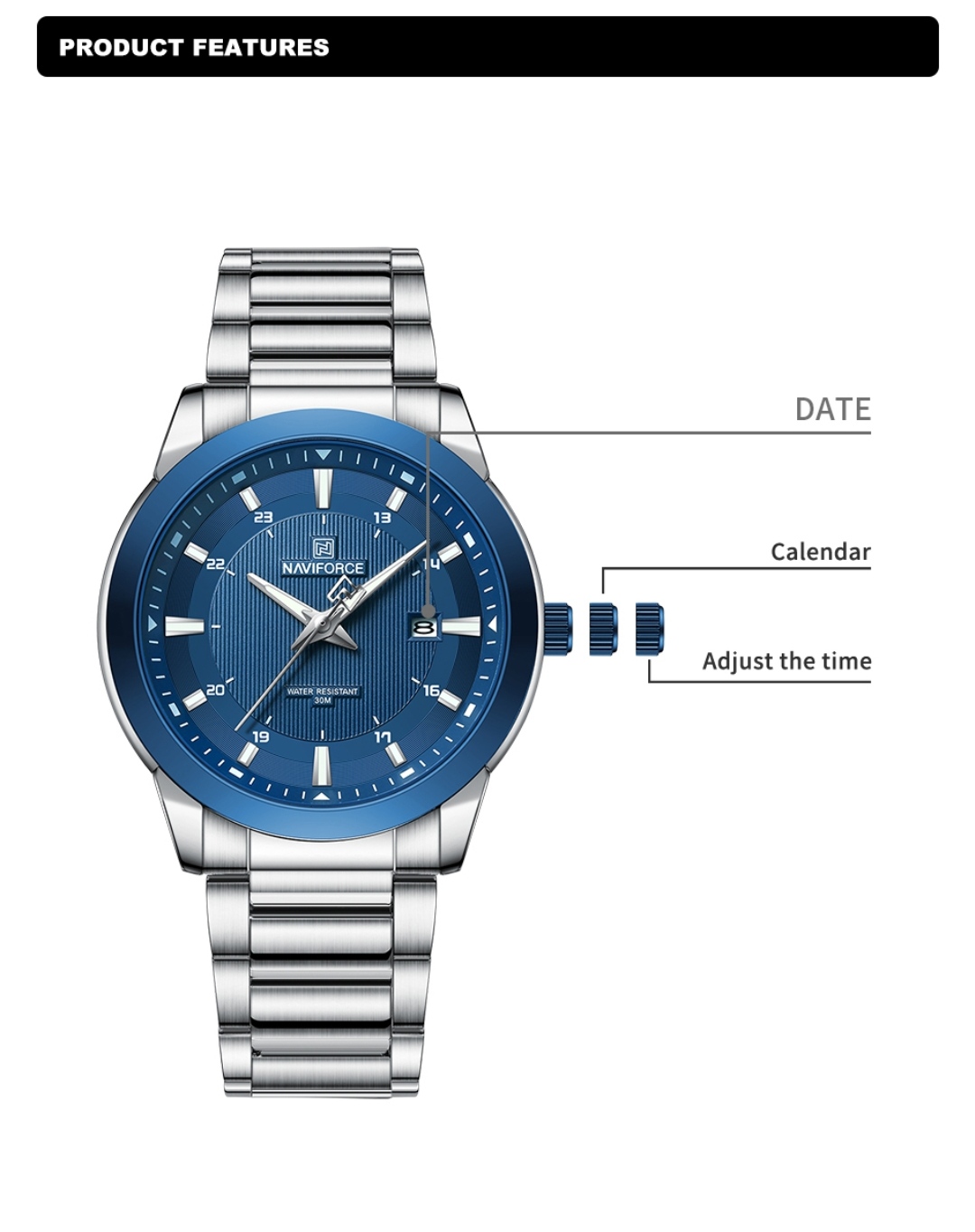 Naviforce 8029 Gents Chain Watch - Blue Dial- Blue Bezel- Silver Chain- TF Code NF813CM_img_2