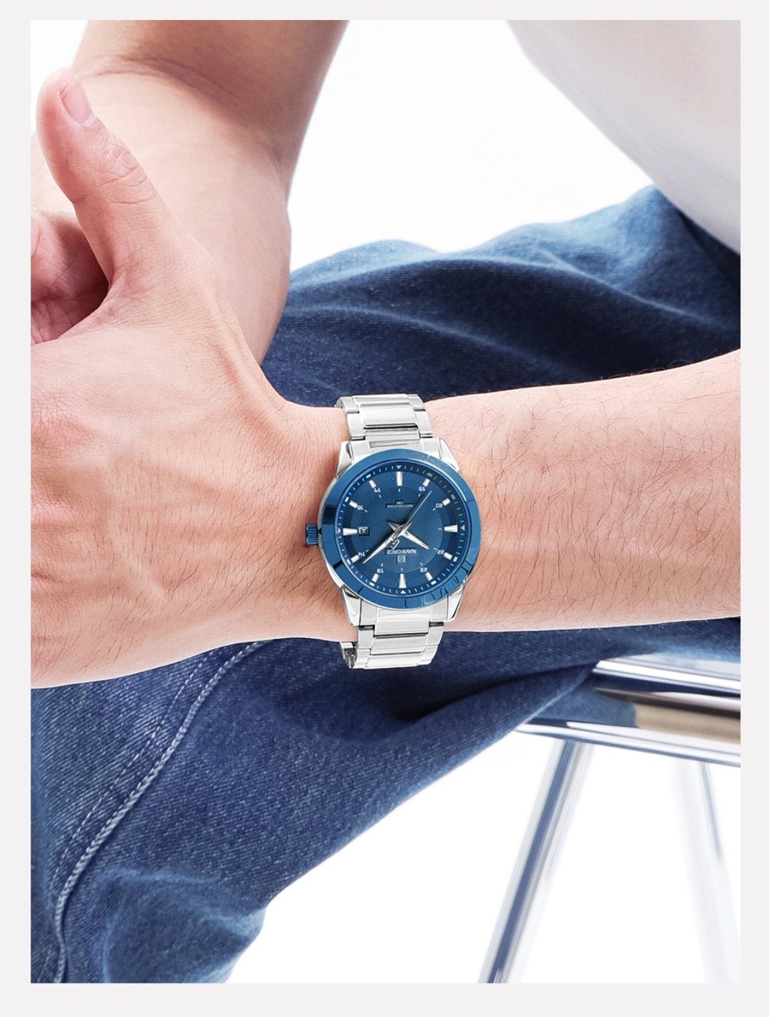 Naviforce 8029 Gents Chain Watch - Blue Dial- Blue Bezel- Silver Chain- TF Code NF813CM_img_9