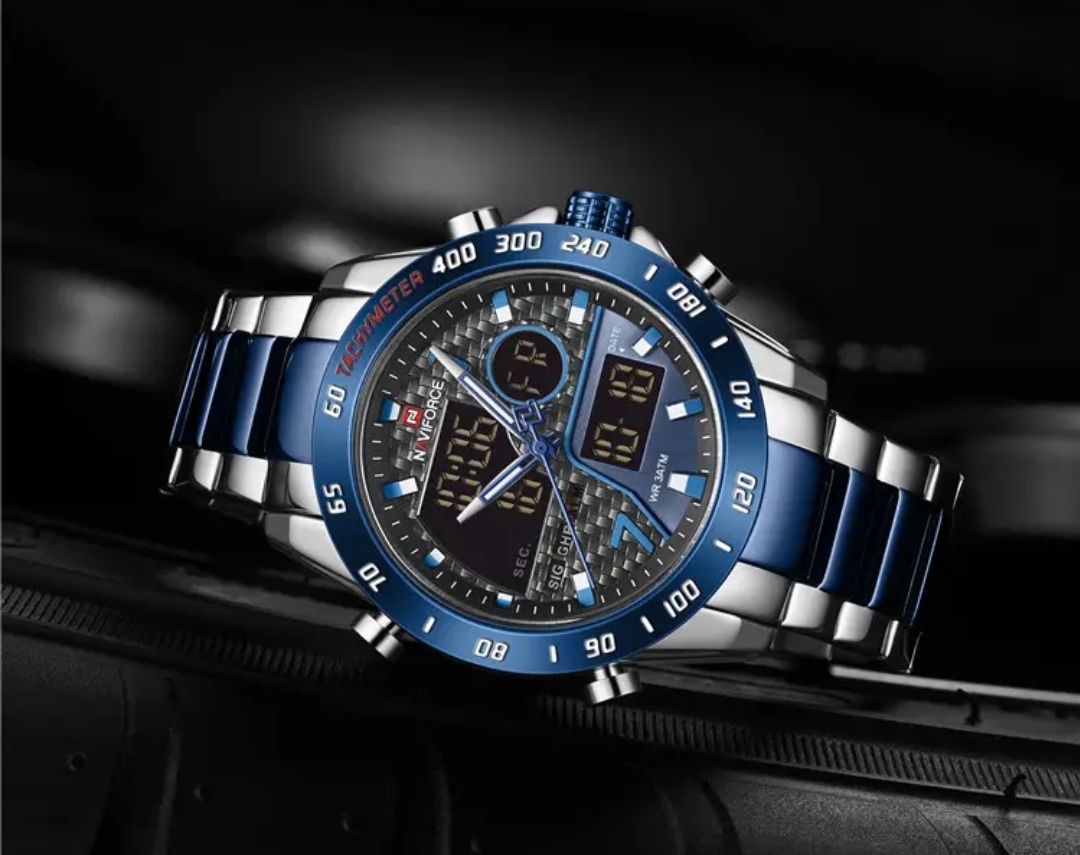 Naviforce 9171 Two Time Gents Chain Watch- Blue Dial - Blue Bezel- Blue+Silver Chain- TF Code NF814CM_img_1