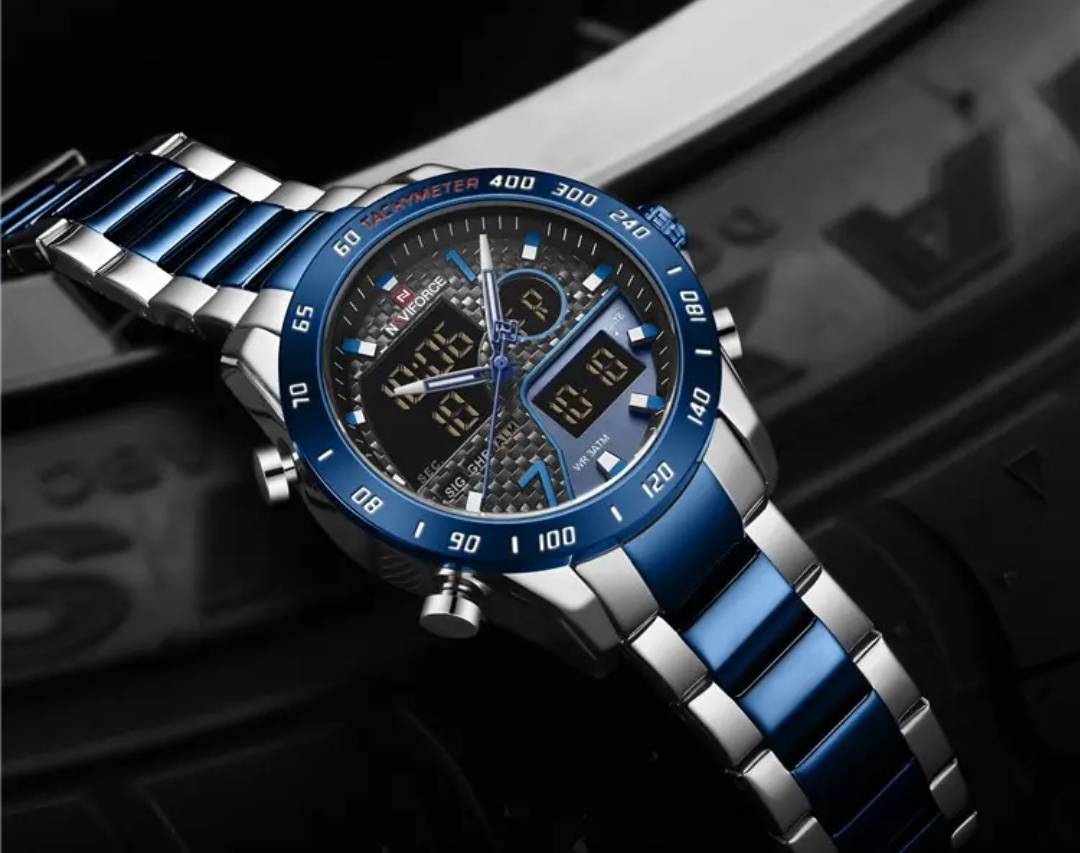 Naviforce 9171 Two Time Gents Chain Watch- Blue Dial - Blue Bezel- Blue+Silver Chain- TF Code NF814CM_img_2