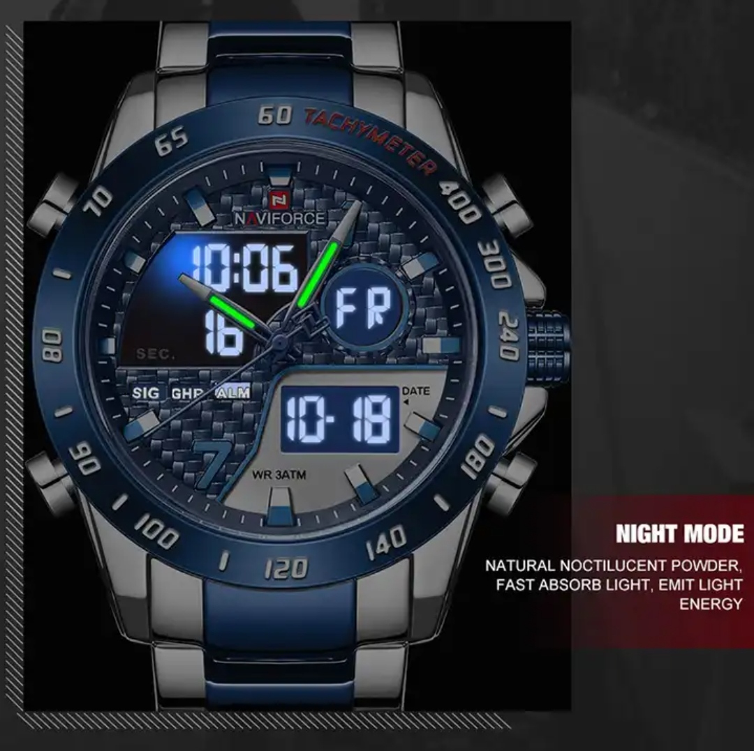 Naviforce 9171 Two Time Gents Chain Watch- Blue Dial - Blue Bezel- Blue+Silver Chain- TF Code NF814CM_img_3