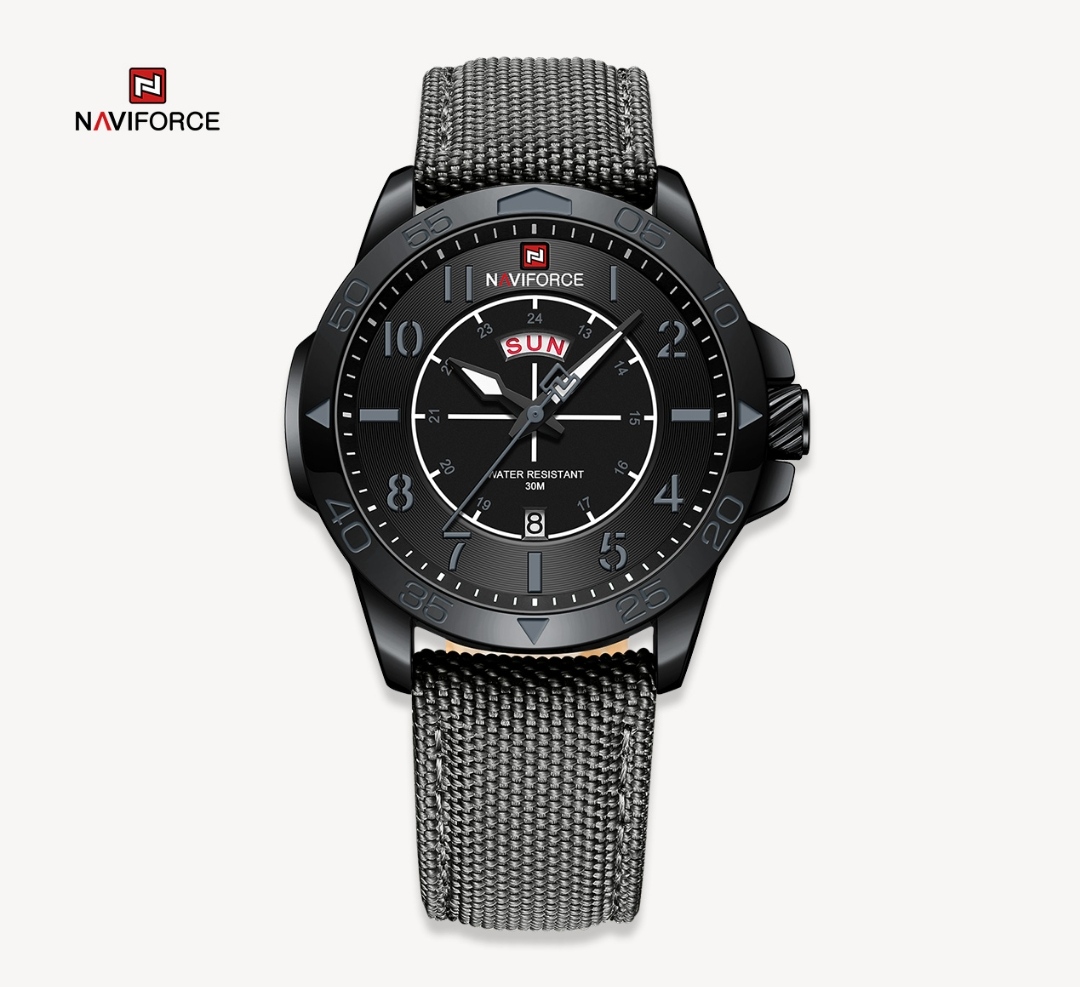 Naviforce 9204 Gents Belt Watch - Black Dial with Grey Markings- Black Bezel- Grey Nylon Belt- TF Code NF815BM_img_0