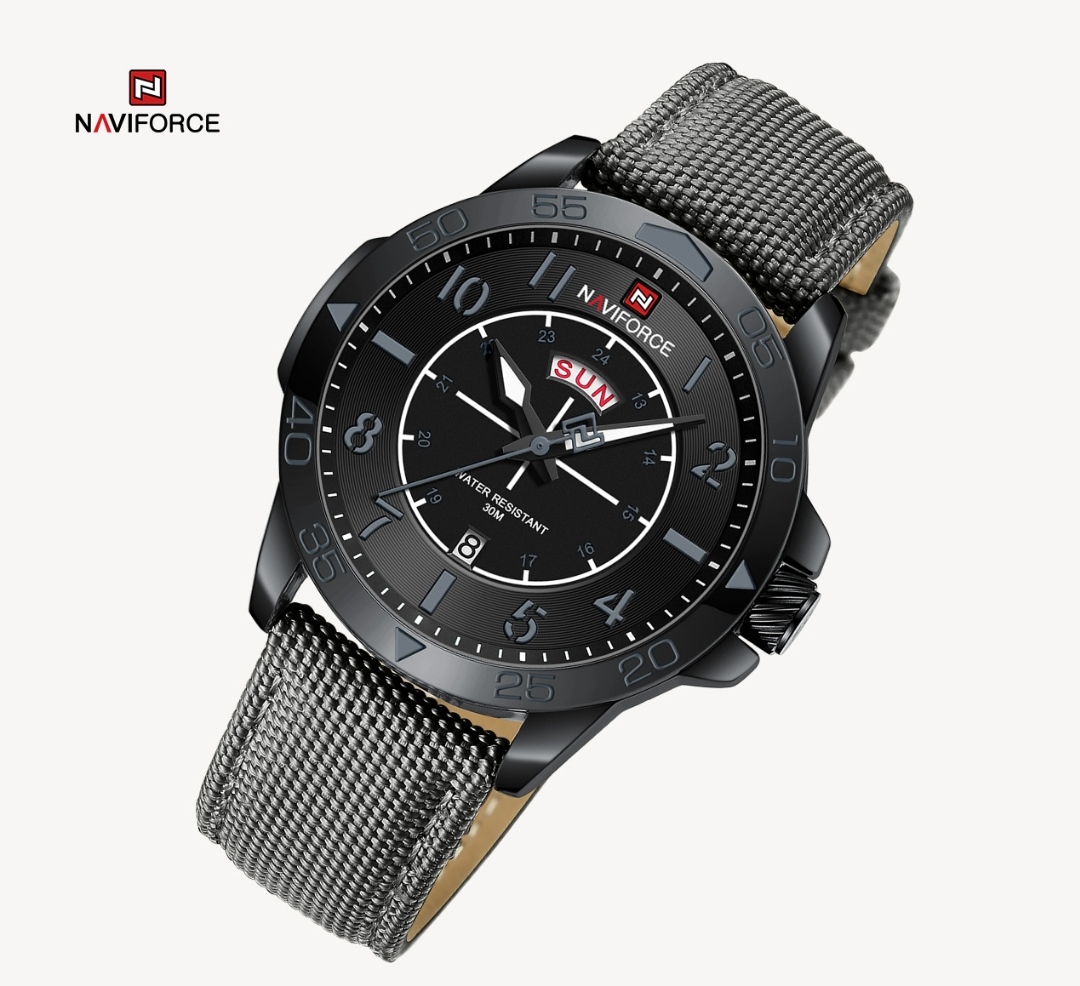 Naviforce 9204 Gents Belt Watch - Black Dial with Grey Markings- Black Bezel- Grey Nylon Belt- TF Code NF815BM_img_1